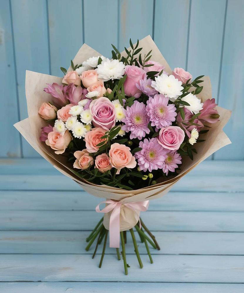 Букет цветов из: Хризантемы, Розы и Альстромерии в Аксёново-Зиловском