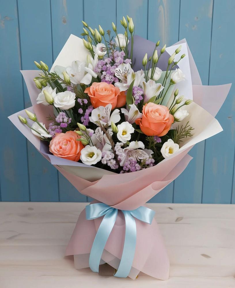 Букет цветов из: Лизиантусы, Розы, Альстромерии и Гипсофила в Аксёново-Зиловском