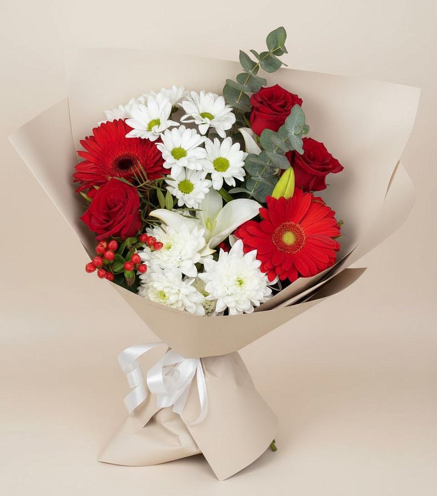 Букет цветов из: Розы, Хризантемы, Герберы и Лилии в Аксёново-Зиловском