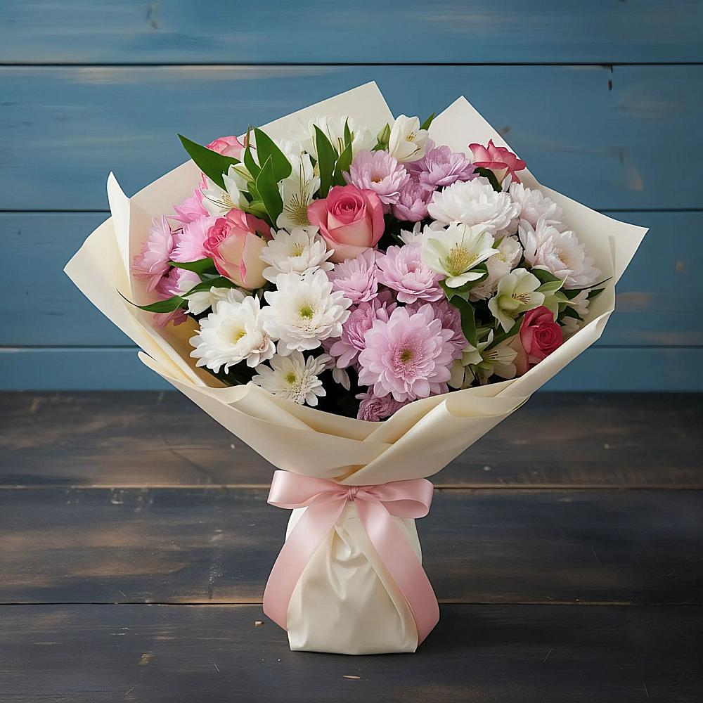 Букет цветов из: Хризантемы, Альстромерии и Розы в Аксёново-Зиловском